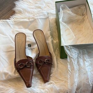 kate spade Brown Textured Pointed-Toe Slip-On Mules with Bow Detail